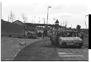 Rioting on anniversary of internment Flying Horse Estate, children letting down tyres and on burnt-out cars
