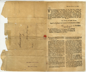Boston, April 9, 1773 : Sir, the Committee of Correspondence of this town have received the following Intelligence, communicated to them by a person of character in this Place. We congratulate you upon the Acquisiton of such respectable aid as the ancient and patriotic Province of Virginia, the earliest Resolves against the detestable Stamp-Act...