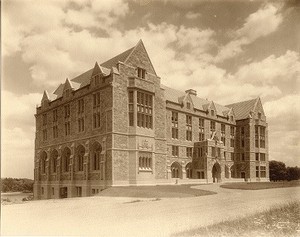 Saint Mary's Hall exterior: front from left on unpaved Linden Lane, by Clifton Church