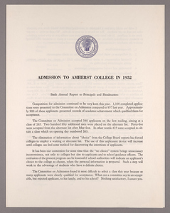 Amherst College annual report to secondary schools and report on admission to Amherst College, 1952