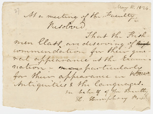 Collegiate Institution faculty resolution regarding the freshmen class examinations, 1824 May 10