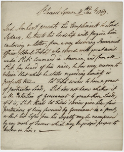 Jeffery Amherst letter to Thomas Townshend, Viscount Sydney, 1789 January 8