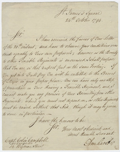 Jeffery Amherst letter to Captain Colin Campbell, 1794 October 24
