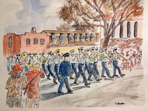 Patriots' Day parade band watercolor