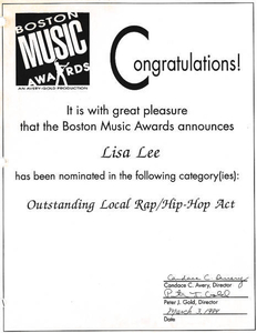 Lisa Lee's second Boston Music Award nomination accouncement