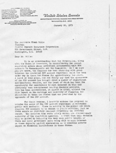 Letter to Frank Wille from William Proxmire regarding NOW Accounts