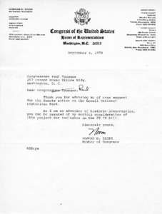 Letter to Congressman Paul Tsongas from Norman D. Dicks
