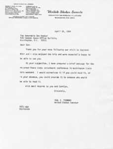 Letter to Don Bonker from Paul Tsongas regarding the Peace Corps volunteers conference