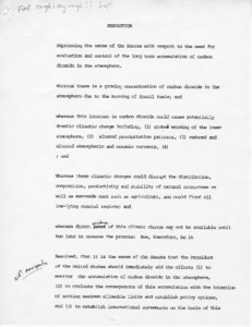 Rough Draft: Resolution to the need for evaluation and control of the long term accumulation of carbon dioxide in the atmosphere