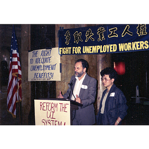 Speaker at an unemployment insurance rally