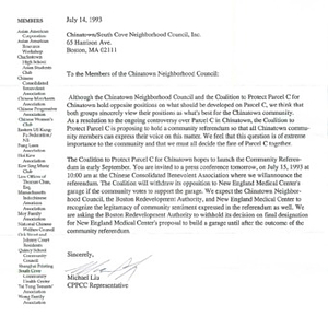 Correspondence between the Coalition to Protect Parcel C and the Chinatown/South Cove Neighborhood Council concerning the September 1993 referendum