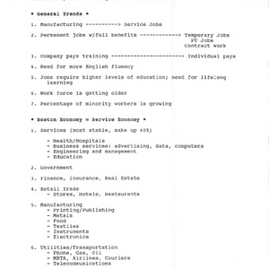 Outline of a presentation at the Chinese Progressive Association Workers' Center, entitled "Where are the Jobs in Boston?"