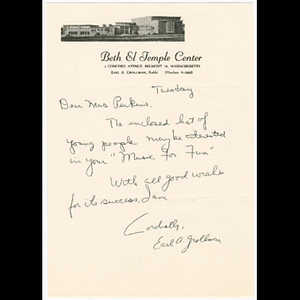 Letter from Earl A. Grollman to Frances Perkins about Music for Fun
