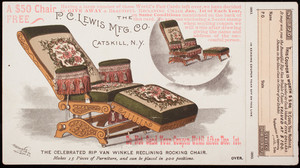 Trade card, Rip Van Winkle Reclining Rocking Chair, P.C. Lewis Manufacturing Co., Catskill, New York