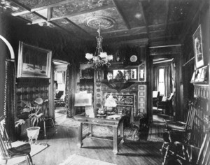 Interior view of unidentified house, hall, fireplace end, Longwood, Brookline, Mass., 1888-1892
