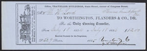 Receipt for the Daily evening traveller, Worthington, Flanders & Co., Dr., Traveller Buildings, State Street, corner of Congress Street, Boston, Mass., dated July 1854