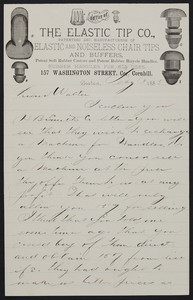 Letterhead for The Elastic Tip Co., patentees and manufacturers of elastic and noiseless chair tips and buffers, 157 Washington Street, corner Cornhill, Boston, Mass., dated February 3, 1885