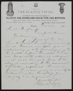 Letterhead for The Elastic Tip Co, patentees and manufacturers of elastic and noiseless chair tips and buffers, 157 Washington Street, corner Cornhill, Boston, Mass., dated March 10, 1885