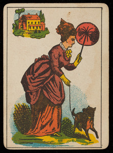 Picture card, woman in red with a dog and a fan, house in the background, location unknown, undated
