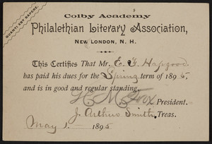 Membership card for the Philalethian Literary Association, Colby Academy, New London, New Hampshire, dated May 1, 1895