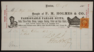 Billhead for F.M. Holmes & Co., fashionable parlor suits, 188 & 190 Hanover Street, corner Cross Street, Boston, Mass., dated December 9, 1868
