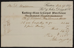 Billhead for John Doggett & Co., looking glass & carpet warehouse, No. 37 Tremont Row, Tremont Street, Boston, Mass., dated October 17, 1837