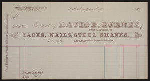 Billhead for David B. Gurney, manufacturer of tacks, nails, steel shanks, South Arlington, Mass., 1880s