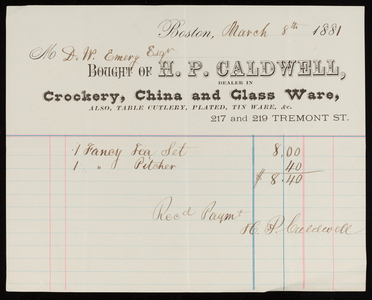 Billhead for H.P. Caldwell, dealer in crockery, china and glass ware, 217 and 219 Tremont Street, Boston, Mass., dated March 8, 1881