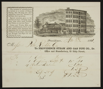 Billhead for the Providence Steam and Gas Pipe Co., Dr., Office and Manufactory, 82 Eddy Street, Providence, Rhode Island, dated November 8, 1861