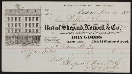 Billhead for Shepard, Norwell & Co., foreign & domestic dry goods, 30 & 34 Winter Street, Boston, Mass., dated November 13, 1871