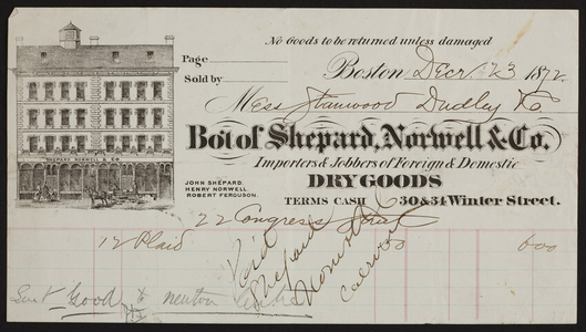Billhead for Shepard, Norwell & Co., foreign & domestic dry goods, 30 & 34 Winter Street, Boston, Mass., dated December 23, 1872