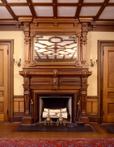 Dining room mantle with mirror reflecting ceiling detail, Codman House, Lincoln, Mass.