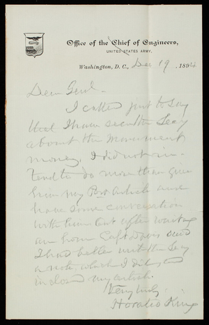 Horatio [G.] King to Thomas Lincoln Casey, December 19, 1894