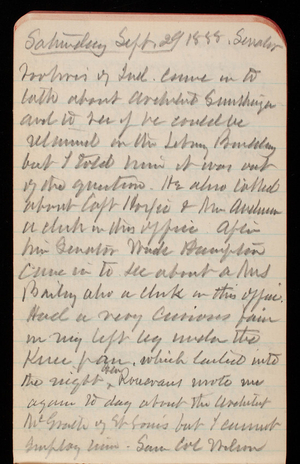 Thomas Lincoln Casey Notebook, September 1888-November 1888, 23, Saturday Sept 29 1888. Senator