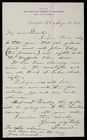 [Bernard. R.] Green to Thomas Lincoln Casey, August 21, 1893