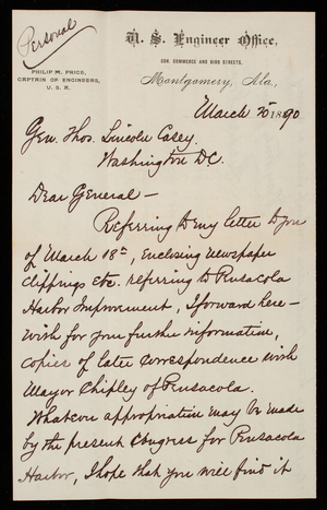 Philip M. Price to Thomas Lincoln Casey, March 20, 1890