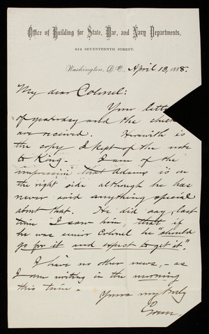 Bernard R. Green to Thomas Lincoln Casey, April 13, 1888