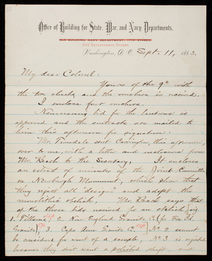 Bernard R. Green to Thomas Lincoln Casey, September 11, 1883