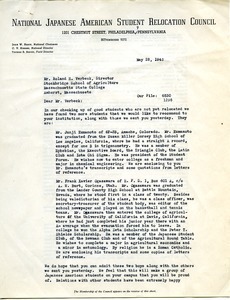 Letter from National Japanese American Student Relocation Council to Stockbridge School of Agriculture