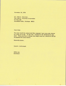 Letter from Mark H. McCormack to John Z. De Lorean