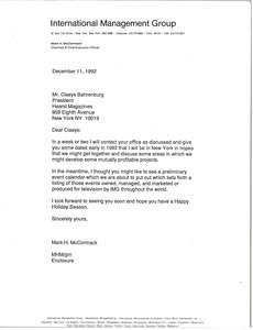 Letter from Mark H. McCormack to Claeys Bahrenburg