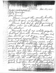 Letter from Ray and Florence Thurston to the Pastor of Antioch Baptist Church