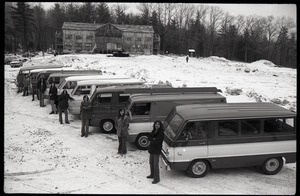 Brotherhood of the Spirit Dodge van advertisements: line of commune members and Dodge vans with commune house in background