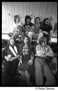 Grateful Dead backstage (rear, left to right): Bob Weir, Mickey Hart, Bill Kreutzman,Jerry Garcia; (front) Keith Godchaux, Donna Godchaux, Phil Lesh