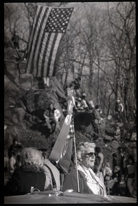 Crowd greeting the Iran hostages at Highland Falls, N.Y., two older women beneath a hanging American flag