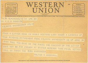 Telegram from Walter N. Beekman to W. E. B. Du Bois