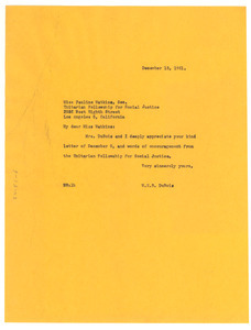 Letter from W. E. B. Du Bois to Unitarian Fellowship for Social Justice