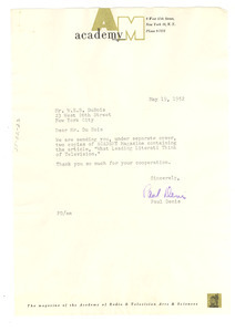 Letter from Academy of Radio & Television Arts & Sciences to W. E. B. Du Bois