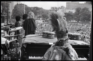 Dr. John at Summerthing's Sunset Series: view from behind Dr. John at the piano