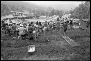 View of the crowd and stage in the distance at the Sugarbush Folk Festival